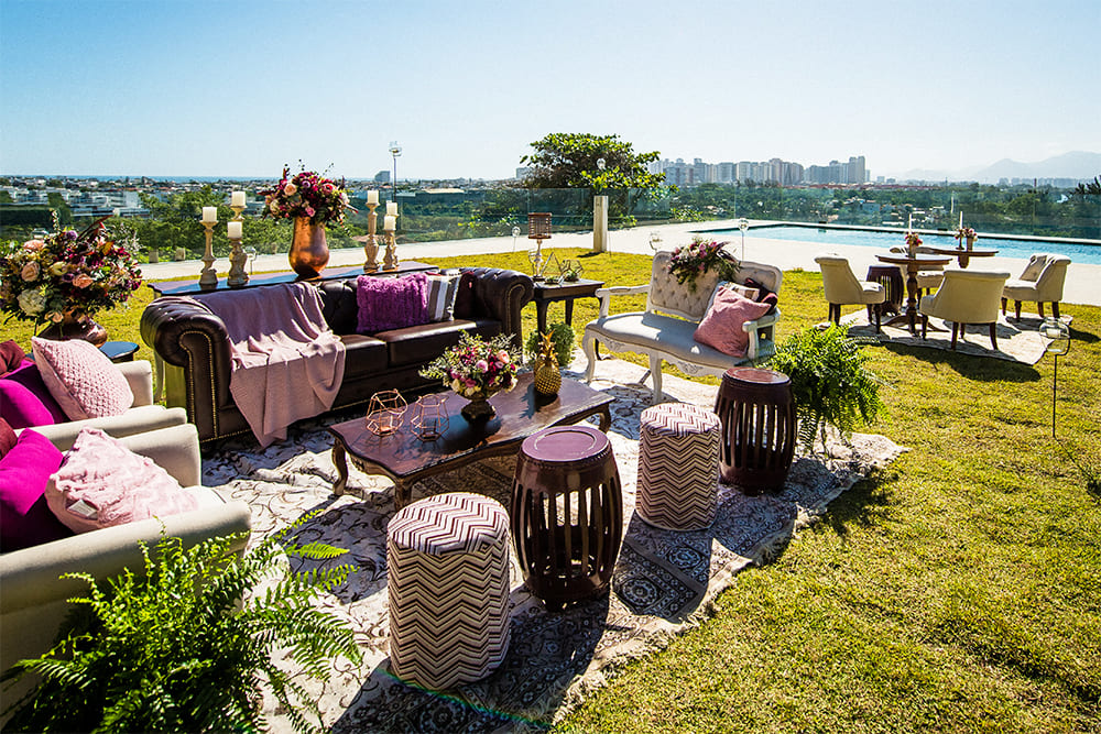 lounge rosa e marsala vintage boho chic casamento ao ar livre no jardim rj Rio de Janeiro Barra da Tijuca